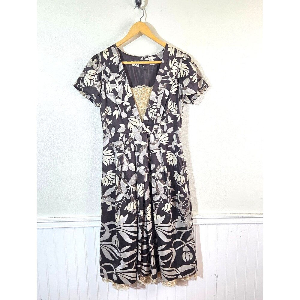Lafayette 148 New York Dress Size 4 Black Cream Floral Lace Trim A-Line Midi